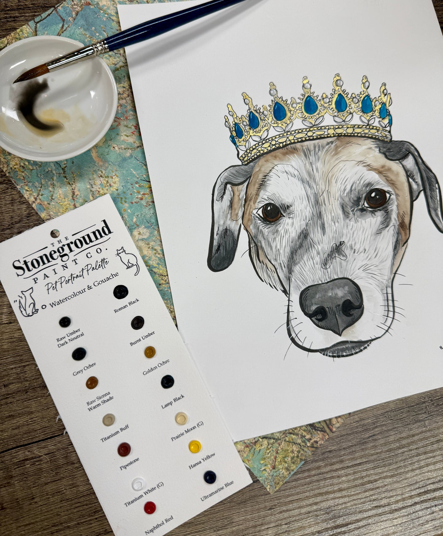 Pet Portrait - WC & Gouache ~14 Dot Card w/Brush